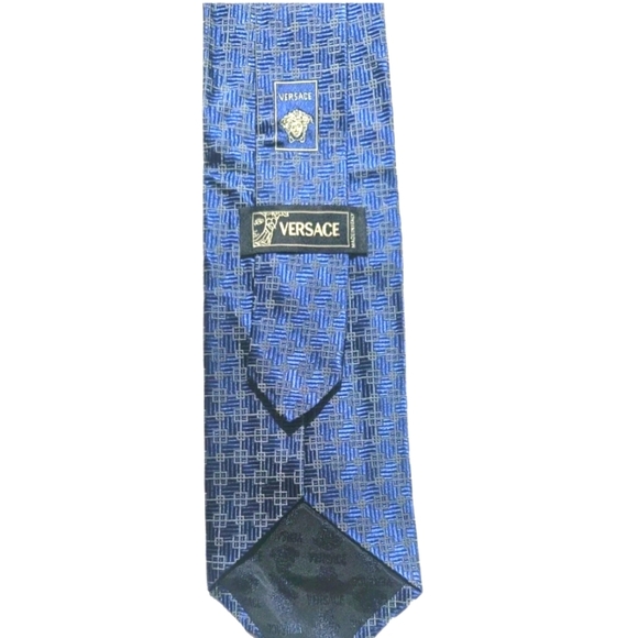 VERSACE 100% Silk Tie Blue Geometric Made In Italy Excellent Condition - Picture 1 of 5